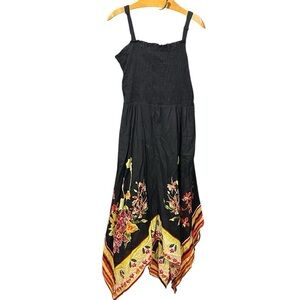 Soft Surroundings Black 100% Cotton Maxi Floral Dress Handkerchief Hem